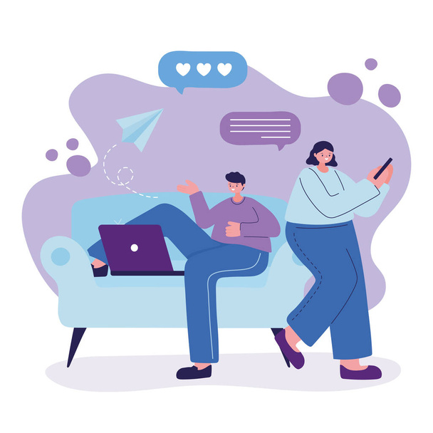 Woman and man on couch with smartphone chatting vector design - Vector, Image