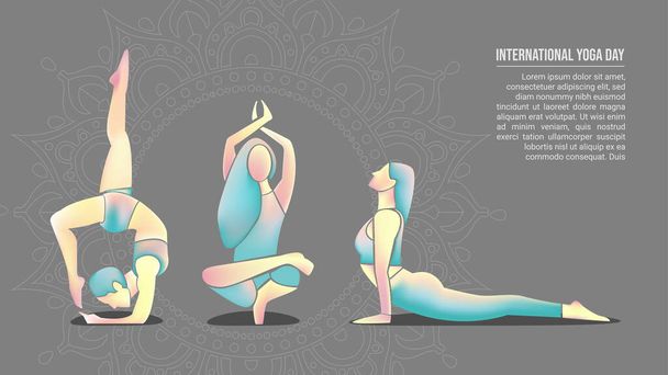Tres siluetas haciendo pose de yoga, con círculo de mandala alrededor. Adecuado para el día internacional del yoga
 - Vector, imagen