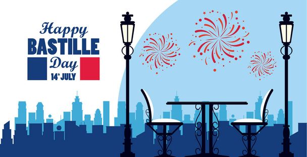happy bastille day celebration with restaurant table and chairs - Vector, Image