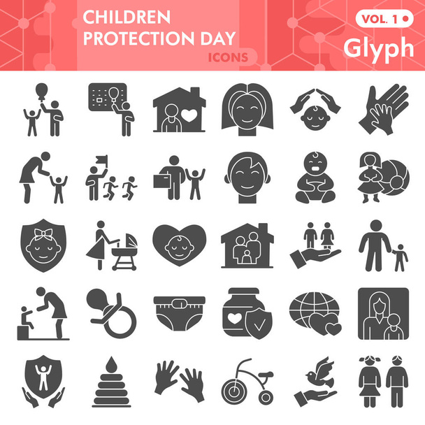 Children protection day solid icon set, Child care symbols set collection vector sketches. 1st June holiday signs set for web, glyph pictogram style package isolated on white background, eps 10. - ベクター画像