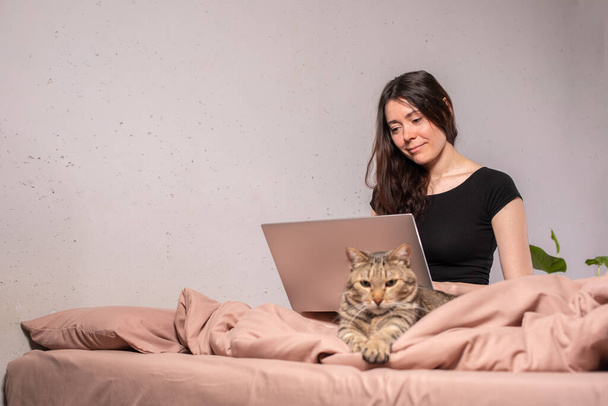 The concept of social distance and isolation. Work from home remotely over the Internet. A young woman works at home on a computer and a cat is next to her. Quarantine. Copy space. - Zdjęcie, obraz