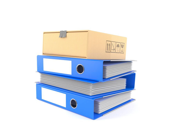 Package on stack of ring binders isolated on white background. 3d illustration - Photo, Image