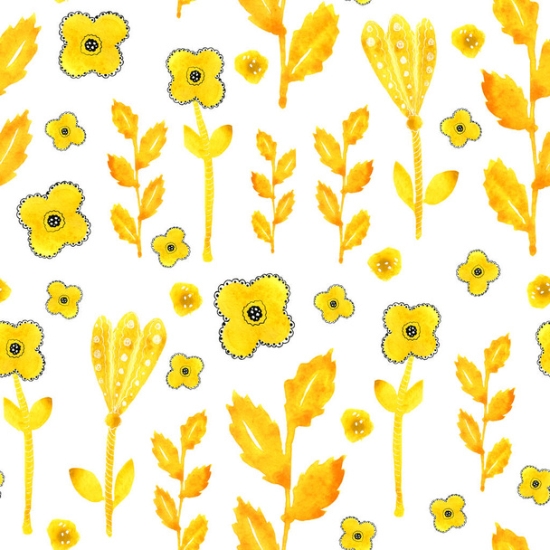 Seamless pattern with yellow flowers, twigs and leaves. Hand watercolor illustration on a white background. Design for fabric, print, template, packaging, wrapper, textile, wallpaper, invitation. - Photo, Image