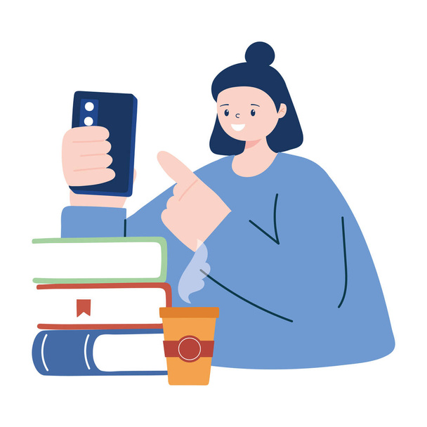 Жінка зі смартфоном і книгами Векторний дизайн
 - Вектор, зображення
