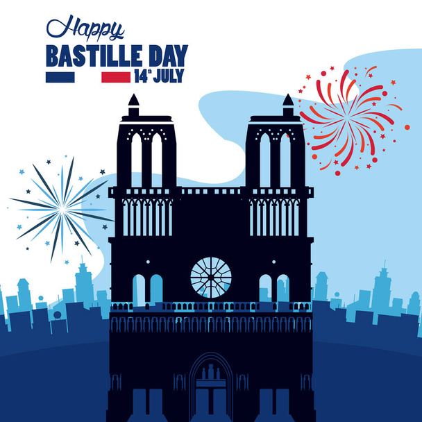 felice festa della Bastiglia con la Cattedrale di Notre Dame - Vettoriali, immagini