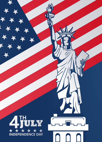 cuarto julio EE.UU. celebración del día de la independencia con bandera y estatua de la libertad
 - Vector, imagen