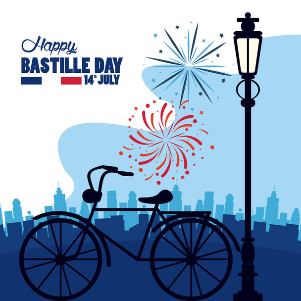 Χαρούμενη γιορτή της Βαστίλης με ρετρό ποδήλατο - Διάνυσμα, εικόνα