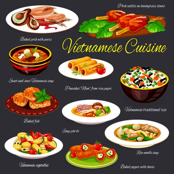 Vektorová sada vietnamských jídel. Vepřové s hruškami, kotlety na stonku citrónové trávy, vietnamská rýže a palačinky, sladkokyselé, hovězí, rýžové nudle nebo polévky Pho Bo, pečené ryby a pepř se sýrem - Vektor, obrázek