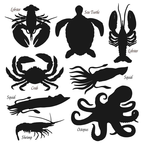Морські тварини чорний силует набір. Морепродукти і рибальська ракоподібна, восьминога, креветки або креветки і океанічні кальмари, омари або краби і черепахи, ракоподібні і ракоподібні морські тварини, зоопарк Векторні символи
 - Вектор, зображення