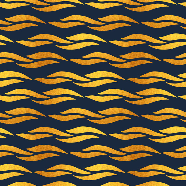Η υδατογραφία αδιάλειπτη μοτίβο χρυσού σε ναυτικό μπλε φόντο. Γεωμετρικό υπόβαθρο με κύματα. Χρυσή ακουαρέλα. - Φωτογραφία, εικόνα