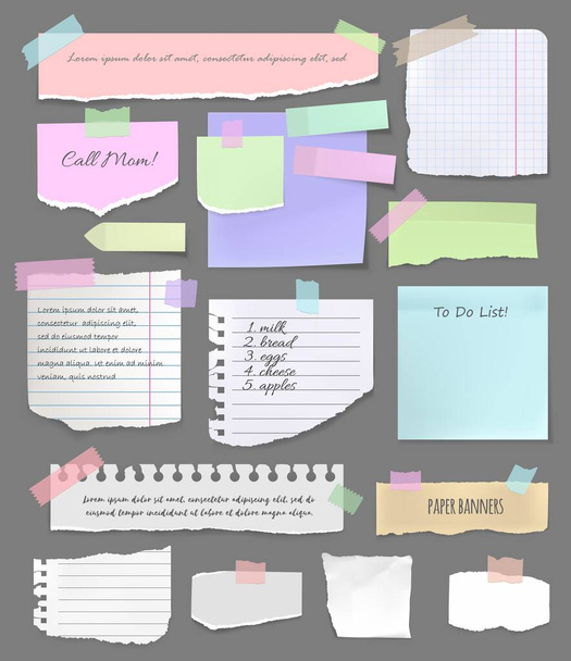 Rozerwane kawałki papieru, notatniki i elementy wektorowe. Kolorowe naklejki papierowe na pokładzie, notatnik i notatnik, przypomnienie, zakupy i zrobić listę załączony taśmą samoprzylepną - Wektor, obraz
