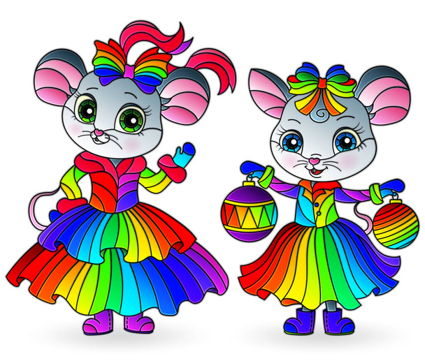 Sada ilustrací ve stylu barevného skla s roztomilými kreslenými myšmi, izolované na bílém pozadí - Vektor, obrázek