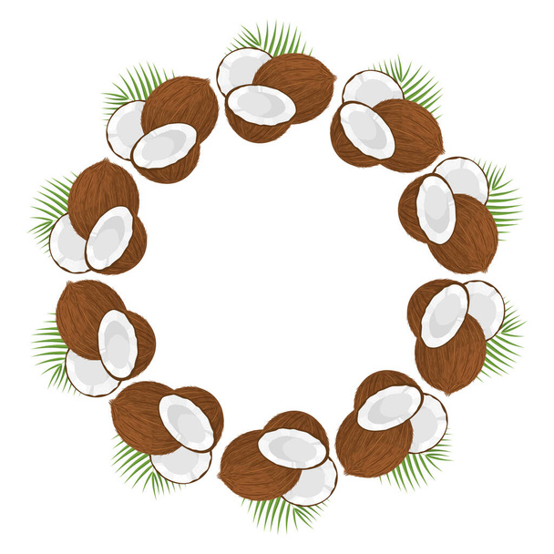 Wreath from whole, half coconut and leaves with space for text. Cartoon organic sweet food. Summer fruits for healthy lifestyle. Vector illustration for any design. - Vector, Image