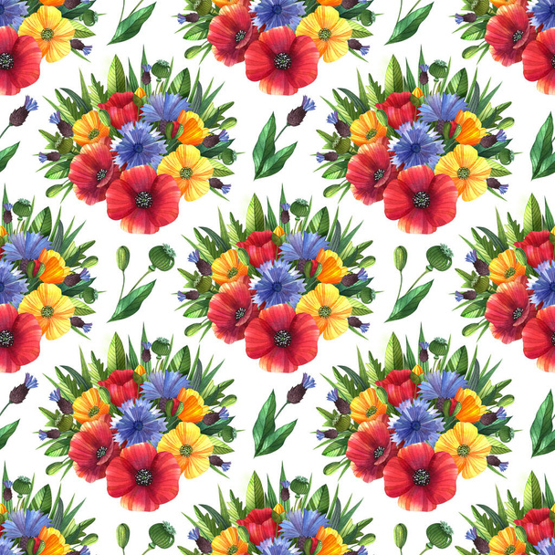 Watercolor seamless pattern with poppies, buttercups, lavender, cornflowers and leaves. Floral elements with flowers and buds on the white background. - Fotó, kép