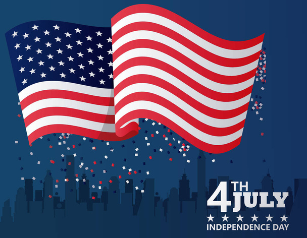 fourth july usa independence day celebration with flag and cityscape - Vector, Image