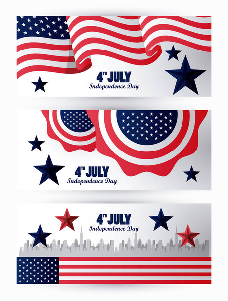 quarta celebração do dia da independência dos EUA julho com bandeira em renda e paisagem urbana
 - Vetor, Imagem