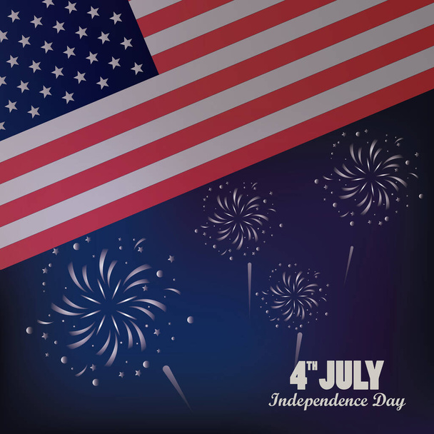 Четвертый День независимости США с флагом и фейерверком
 - Вектор,изображение