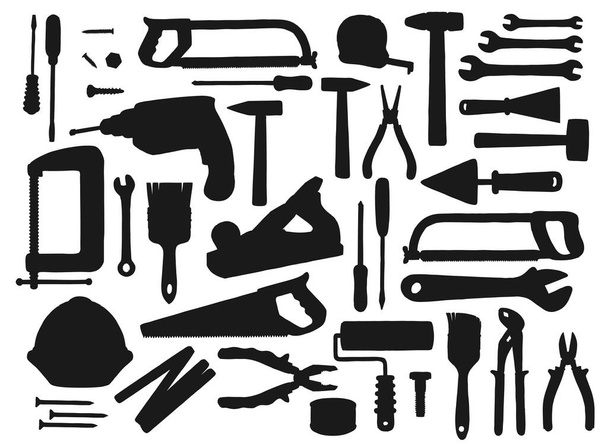 Construction tools black silhouettes, vector equipment for repair works. Hammer, screwdriver and wrench, pliers, spanner and roller. Drill, saw, trowel and screw, tape measure, helmet and vice set - Vektör, Görsel