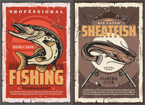Pike and sheatfish fishing retro posters. Club tournament with luce, catfish fish, fisherman equipment and tackles. Pike fish and fishing hook. Sport competition outdoor activity grunge vector card - Vector, Image