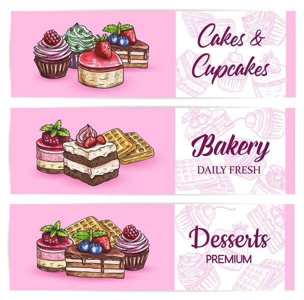 Γλυκά, κέικ και γλυκά. Bakery, cafe ή ζαχαροπλαστείο επιδόρπια μενού vector banners. Βάφλες, cupcakes, cheesecakes και σκίτσα κέικ με μούρα. Γλυκά με βατόμουρο, βατόμουρο και φράουλα - Διάνυσμα, εικόνα