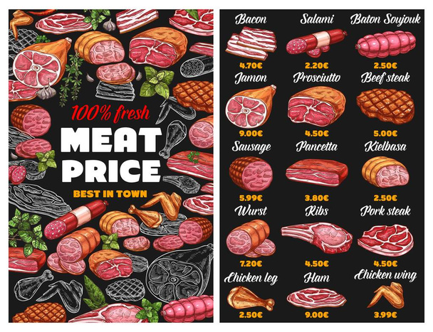 Butcher shop meat menu vector template. Bacon, salami and baton soujouk, jamon, prosciutto or beef steak. Sausage, pancetta and kielbasa, wurst, ribs or ham. Chicken and pork meat sketch - Vector, Image