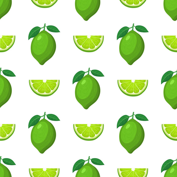 Seamless pattern with fresh bright exotic whole and cut slice lime fruit on white background. Summer fruits for healthy lifestyle. Organic fruit. Cartoon style. Vector illustration for any design. - Vector, Image