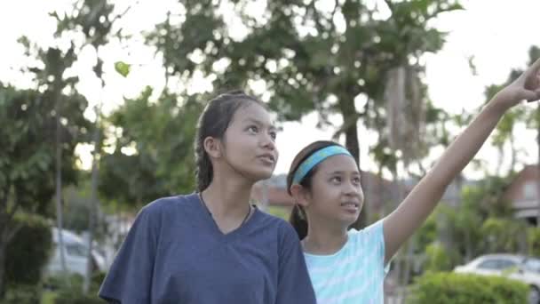 Zwei asiatische hübsche Mädchen in lässiger Kleidung betrachten einen großen Baum am öffentlichen Park in einem Wohngebiet. Gesunde weibliche Teenager und ihre Schwester verbringen Zeit miteinander in Wohngemeinschaften. Freundschaftskonzept. Zeitlupe. - Filmmaterial, Video