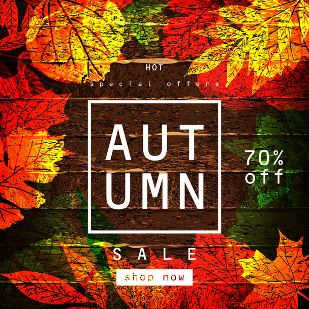 Vector autumn sale lettering label. Banner with hand drawn typography and leaves on a wooden background - Vektör, Görsel