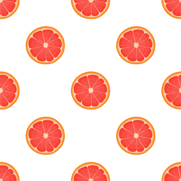 Naadloos patroon met frisse heldere exotische half gesneden grapefruit geïsoleerd op witte achtergrond. Zomervruchten voor een gezonde levensstijl. Biologisch fruit. Cartoon stijl. Vector illustratie voor elk ontwerp. - Vector, afbeelding