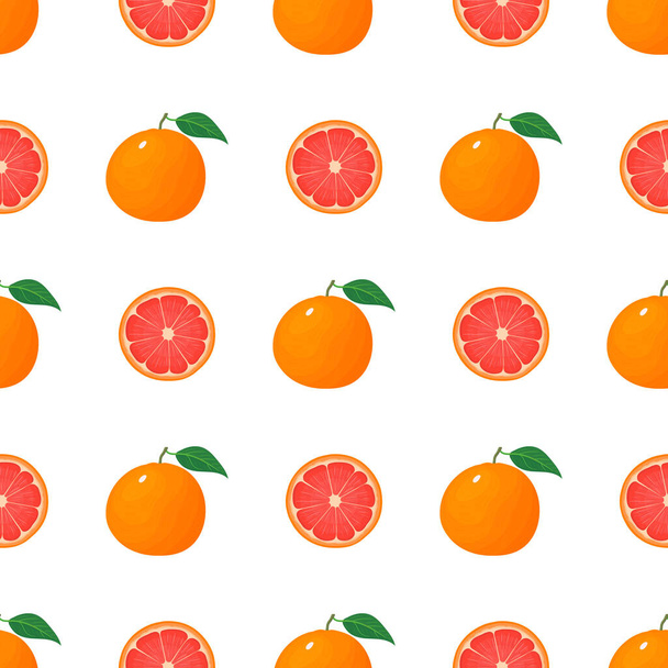 Nahtloses Muster mit frischen hellen exotischen ganzen und halben Grapefruit isoliert auf weißem Hintergrund. Sommerfrüchte für einen gesunden Lebensstil. Bio-Obst. Cartoon-Stil. Vektorillustration für jedes Design. - Vektor, Bild