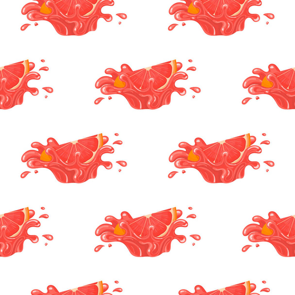 Seamless pattern with fresh bright grapefruit juice splash burst isolated on white background. Summer fruit juice. Cartoon style. Vector illustration for any design. - Wektor, obraz