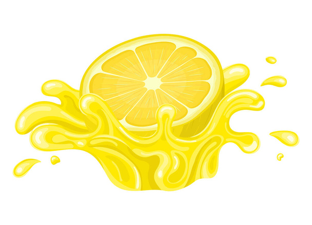 Verse heldere half gesneden citroensap splash barstte geïsoleerd op witte achtergrond. Zomervruchtensap. Cartoon stijl. Vector illustratie voor elk ontwerp. - Vector, afbeelding