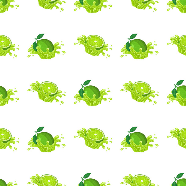 Seamless pattern with fresh bright lime juice splash burst isolated on white background. Summer fruit juice. Cartoon style. Vector illustration for any design. - Vector, Image