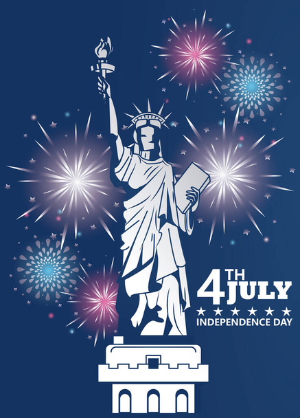 fourth july usa independence day celebration with fireworks and liberty statue - Vector, Image