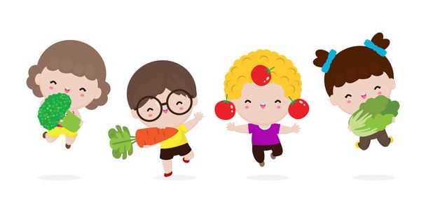 Grupo de niños y verduras felices, Lindos niños de dibujos animados comiendo brócoli, zanahoria, tomate, col china, niño sosteniendo verduras vivas sonrientes, Comida saludable en la granja aislada sobre fondo blanco
 - Vector, Imagen