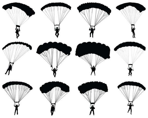 Beyaz arkaplanda bir paraşütçünün siyah siluetleri - Vektör, Görsel