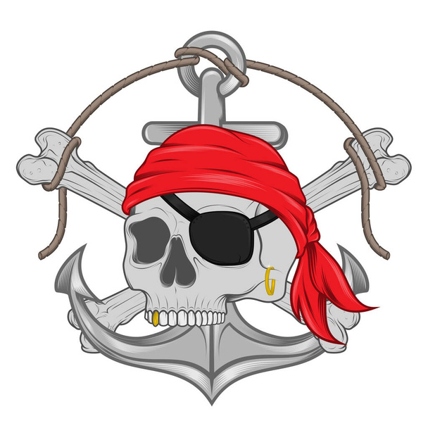 Vektor-Design inspiriert von Piraten, wo man Elemente mit Totenköpfen, Knochen, Ankern, Parcje im Loch und Seil auf einem weichen Hintergrund sehen kann. - Vektor, Bild