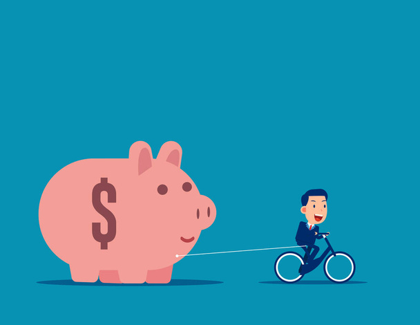 Riding and pulling piggy bank. Business budget and saving concept. Flat business vector style - Vector, Image