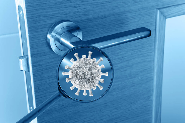 Вирусная клетка Ковида на увеличенной картинке дверной ручки. Передача инфекционной медицинской концепции
.  - Фото, изображение