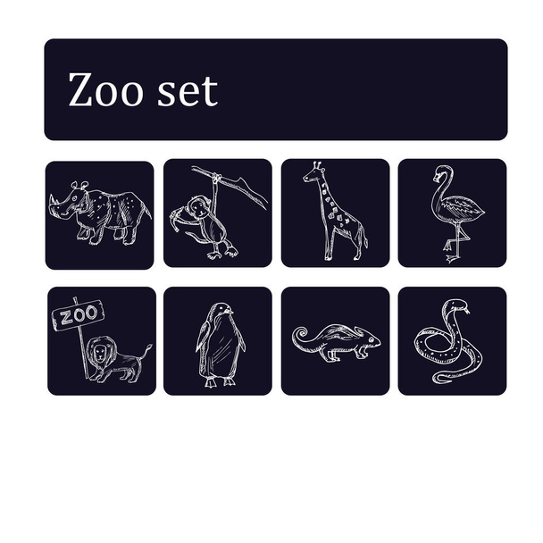 Zoo hand drawn doodle set. Vector illustration. Isolated elements on white background. Symbol collection. - ベクター画像
