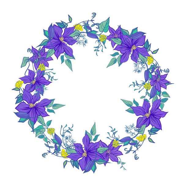 postcard with wreath with purple clematis isolated on a white - Vector, Image