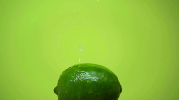 Wasser, das auf ganze reife Limetten gegossen wird, isoliert in grüner Zeitlupe - Filmmaterial, Video