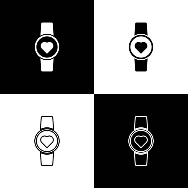 Setzt die Smart Watch, die das Herzschlagsymbol isoliert auf schwarzem und weißem Hintergrund zeigt. Fitness App Konzept. Vektorillustration - Vektor, Bild