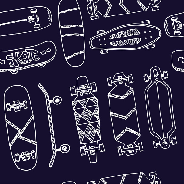 Skateboard hand drawn doodle seamless pattern. Vector illustration. Isolated elements on white background. Symbol collection. - Vektor, Bild