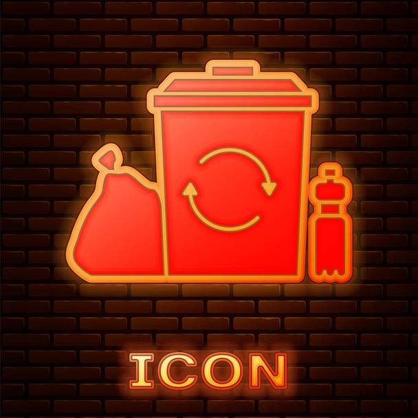 Ragyogó neon Recycle bin újrahasznosítás szimbólum ikon elszigetelt téglafal háttér. Szemetes ikon. Szemetes kuka tábla. Újrahasznosító kosár. Vektorillusztráció - Vektor, kép