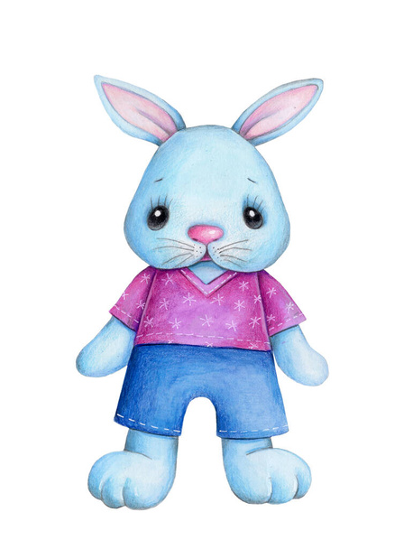 Lindo conejo de dibujos animados liebre de conejo. Ilustración dibujada a mano en acuarela para bebés y niños. Aislado sobre fondo blanco
. - Foto, Imagen