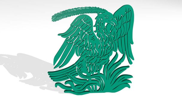 Phönixvogel aus der Perspektive an der Wand. Eine dicke Skulptur aus metallischen Materialien der 3D-Wiedergabe - Foto, Bild