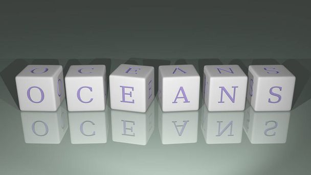OCEANS gebouwd door dobbelstenen letters en kleur kruising voor de verwante betekenissen van het concept door 3D rendering - Foto, afbeelding
