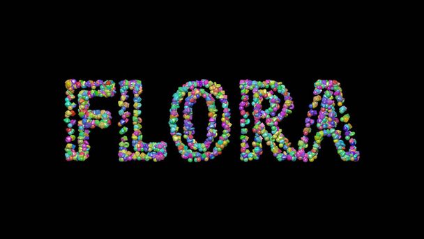 Πολύχρωμο 3D γραφή του κειμένου FLORA με μικρά αντικείμενα πάνω από ένα σκοτεινό φόντο και ταιριάζουν σκιά - Φωτογραφία, εικόνα