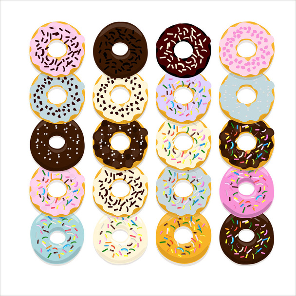 Sweet donut set of traditional american sweet dessert with colorful glaze and sprinkles isolated on a white for menu design, cafe decoration, delivery box. Vector illustration - Vector, Image